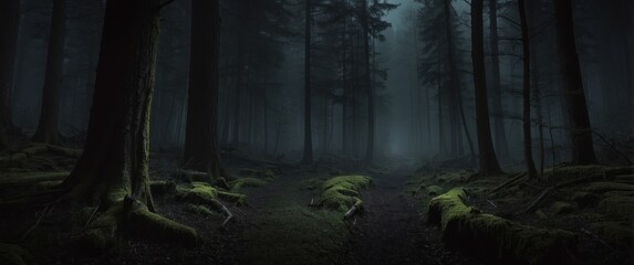 Wall Mural - A Foggy Path Through a Dark Forest