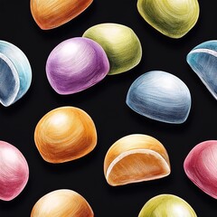 Wall Mural - Colorful daifuku mochi on a black background, seamless