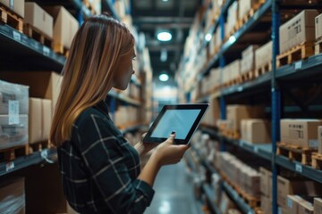 Aufkleber - A woman sits on the floor of a large warehouse, using a tablet computer