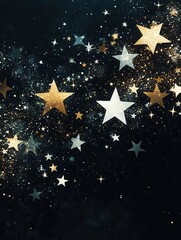 Aufkleber - Various sizes of abstract stars shimmer in gold and silver, forming a minimalist arrangement against a dark background. Generative AI