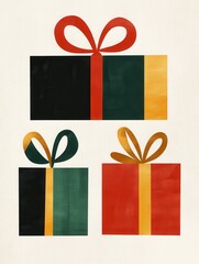 Poster - Decorative gift boxes in geometric shapes are adorned with vibrant ribbons and bows, perfect for adding a festive touch to Christmas. Generative AI