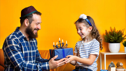 Wall Mural - Happy father's day! Child girl congratulates dad and gives him a birthday gift.