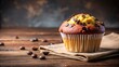 © lapeepon - Delicious chocolate chip muffin on a table , tasty, sweet, dessert, baked, delicious, indulgent, chocolatey, muffin, treat
