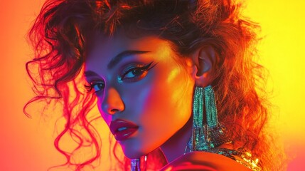 Wall Mural - Vibrant portrait of a stylish woman with neon lighting and striking makeup, exuding confidence and glamour against a colorful backdrop.