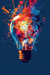 Poster - A creative light bulb with vibrant paint splatters, perfect for art or design inspiration