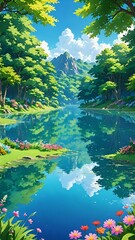 Wall Mural - A tranquil landscape featuring a clear blue lake reflecting the sky, surrounded by lush green trees and colorful flowers, anime art