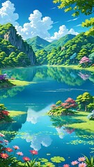 Wall Mural - A tranquil landscape featuring a clear blue lake reflecting the sky, surrounded by lush green trees and colorful flowers, anime art