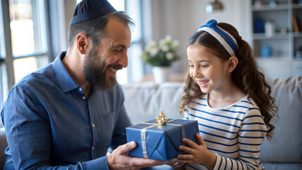 Wall Mural - Happy father and daughter giving gift box to each other at home.