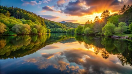 Wall Mural - View of a tranquil lake at sunset surrounded by a dense forest in Aguilar de Campoo , sunset, lake, forest, reflection