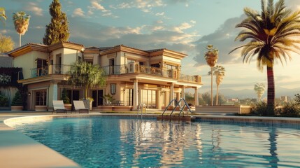 Poster - A single-family home with an outdoor swimming pool in the front yard