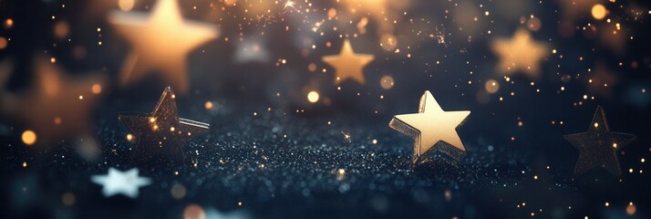 Fototapete - Gold stars twinkle in different sizes against a dark backdrop, creating a captivating, minimalist abstract display of light and shimmer. Generative AI