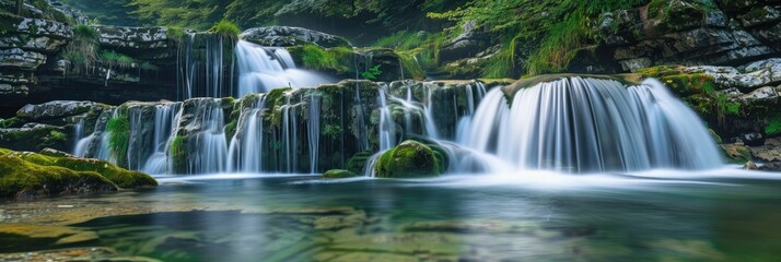 Poster - Breathtaking waterfall flowing over mossy stones featuring stunning motion blur.