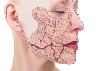 Poster - Close-up of a woman's face with a visible blue vein, ideal for medical or science-related contexts