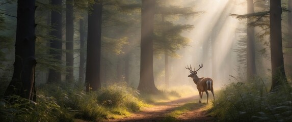 Wall Mural - A Deer Stands in a Sunlit Misty Forest Path