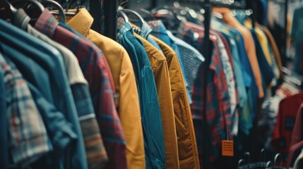 Poster - Clothing store display with multiple shirts hung on a rack