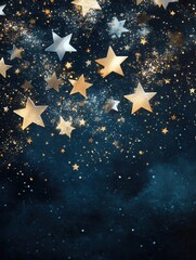 Poster - Stars of various sizes shimmer in gold and silver, set against a dark night sky, creating a captivating minimalist design. Generative AI