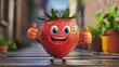 © Jhati - A cheerful animated strawberry character with a happy expression giving thumbs up on a sunny day in a vibrant urban garden