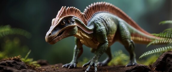 A Spinosaurus Dinosaur with a Red Crest, Standing on Rocks in a Forest