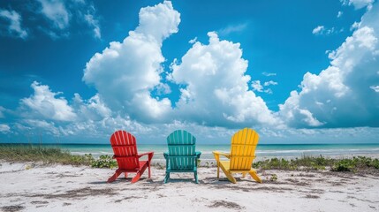 Wall Mural - Three Colorful Chairs Facing the Ocean on a Sunny Beach Day