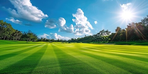 Wall Mural - Sunny day on the golf course with green tee box and striped turf under blue sky and white clouds