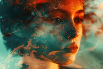 Poster - A close-up shot of a woman's face with smoke escaping from her mouth and nose