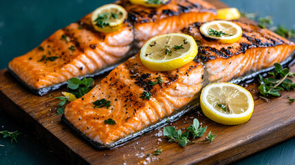 Wall Mural - Grilled salmon fillets with lemon slices and herbs on a wooden board