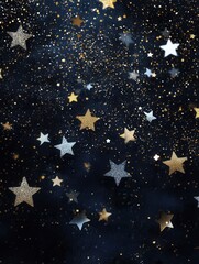 Aufkleber - A collection of minimalist abstract stars in varying sizes glimmers in gold and silver, set against a dark night sky, evoking serenity. Generative AI