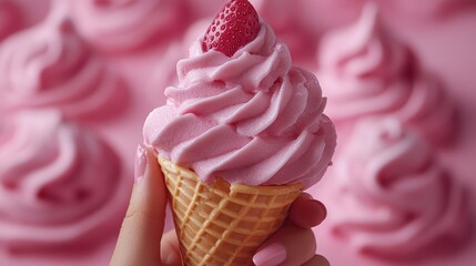 Canvas Print - Strawberry Frozen Yogurt in a Waffle Cone