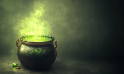 Steaming Green Potion In A Black Cauldron With Golden Handles