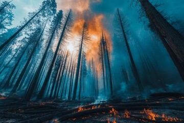 Wall Mural - Photograph a forest affected by wildfire, highlighting scorched trees and smoke-filled skies