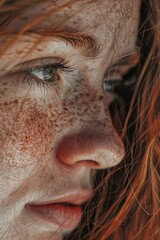 Poster - A close-up view of a woman's facial features, showcasing her freckles