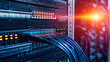 © Studios - Server rack with fiber optic cables attached to front panel switch ports Generative AI
