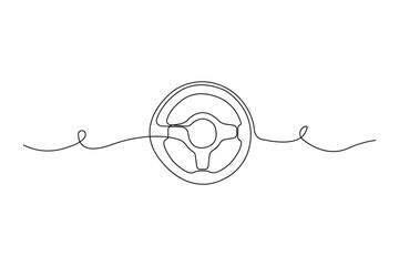 Hand-drawn steering wheel one-line art drawing. Steering continuous outline vector.	