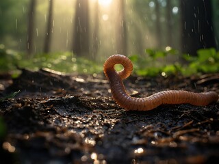 Wall Mural - A close-up of a single earthworm on damp forest ground with sunlight and raindrops in the background.