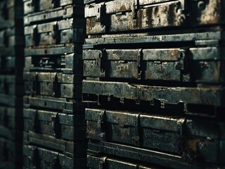 Wall Mural - A close-up shot of a stack of metal drawers, showing a detailed texture of their surface. The drawers are old and rusty, and have a worn, industrial look.