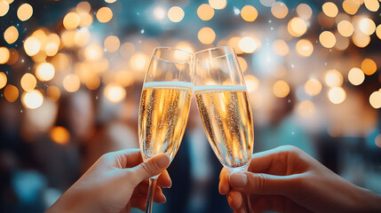 celebration toast with champagne on bright background with bokeh effect