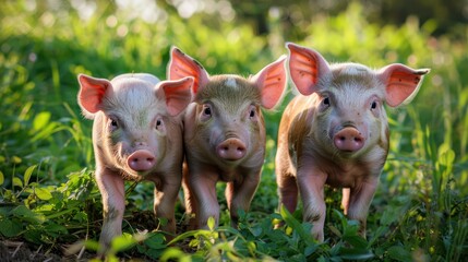 Wall Mural - Three Cute Piglets in a Lush Green Meadow