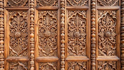 Wall Mural - Wooden wall with intricate carvings and designs, wood, wall, decoration, intricate, carvings, designs, artistic