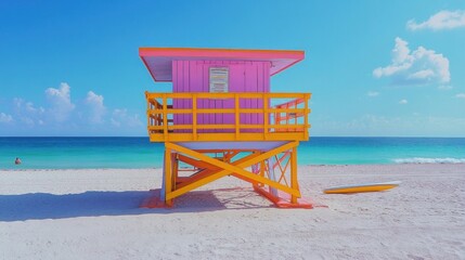 Sticker - Pink and Yellow Lifeguard Stand on a Sunny Beach