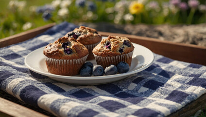 Wall Mural - Assorted chocolate and blueberry muffins on a picnic blanket, with a blooming garden in the background.