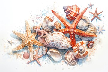 Poster - Illustration of seashells and starfishes arranged on a white surface