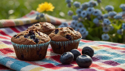 Wall Mural - Assorted chocolate and blueberry muffins on a picnic blanket, with a blooming garden in the background.