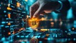 © SUNSU - Bitcoin Investment: Hand placing glowing Bitcoin cryptocurrency coin onto a futuristic digital screen.  Blockchain technology, financial innovation, and digital currency concepts are vividly depicted.