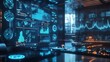© SUNSU - Futuristic Control Room:  A sleek, futuristic control room with an array of glowing, holographic screens displaying intricate data visualizations. The scene evokes a sense of advanced technology