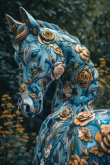 Poster - A horse statue adorned with flowers on its head, perfect for decorative or symbolic uses