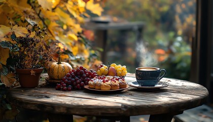 A rustic wooden table set for Thanksgiving breakfast