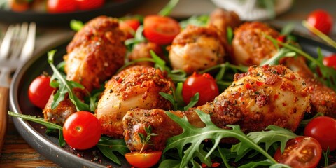 Canvas Print - Premium image of Fried Chicken Legs accompanied by Arugula and Tomatoes