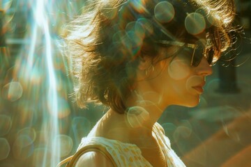 Wall Mural - A woman with glasses and a bag examining her smartphone, likely checking messages or notifications