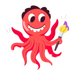 Wall Mural - Cartoon style mascot of smiling octopus painter holding paintbrush 

