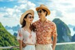© pumungkus - A cheerful portrait of an Asian couple enjoying their vacation, wearing casual summer clothes and sunglasses. The couple is laughing and posing together, capturing the joy and relaxation